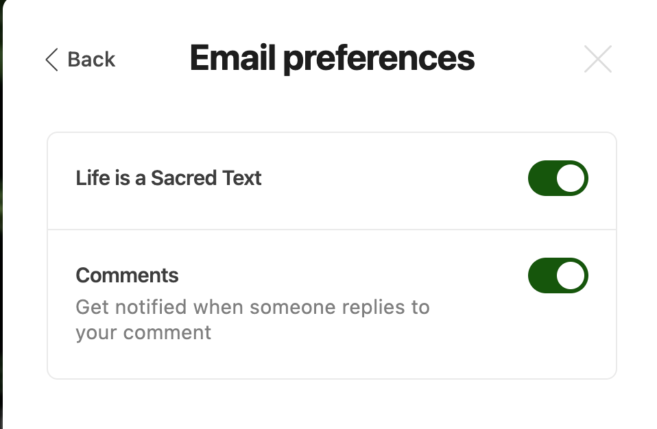 Email preferences toggled on. Comments: Get notified when someone replies to your comment: also toggled on!