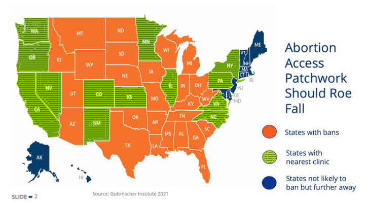 Map of the US with states that will ban abortion right away if Roe falls--like most of the ones in the middle, basically