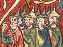 Painting of Jews wearing pointy yellow hats 