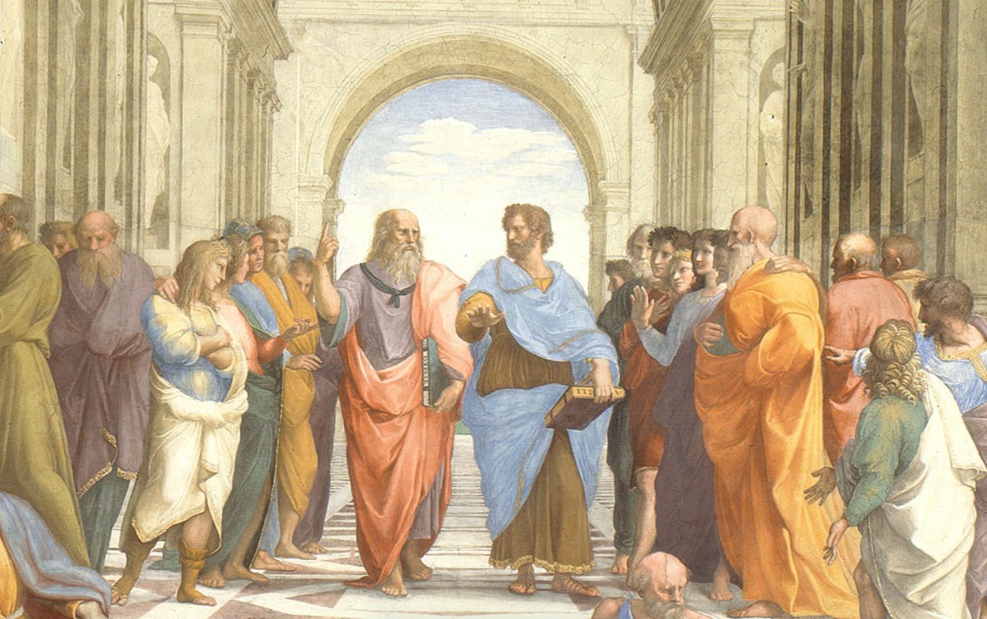 Detail of Raphael's The School of Athens, with the closeup of Plato and Aristotle in dialogue