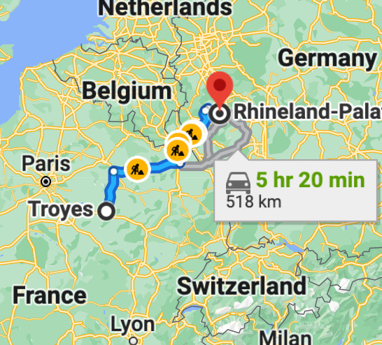 Google map showing the distance from Troyes to the Rhineland-- 5 hr 20 min driving distance, including construction