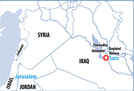 Map showing Israel, jordan, Bagdhad, mehoza, pumbedita, Sura--basically the academies in iraq and their distance to jerusalem