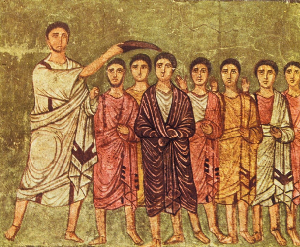 Old mural image of one dude pouring a horn of oil on another dude while other dudes look on, everybody in Roman robes
