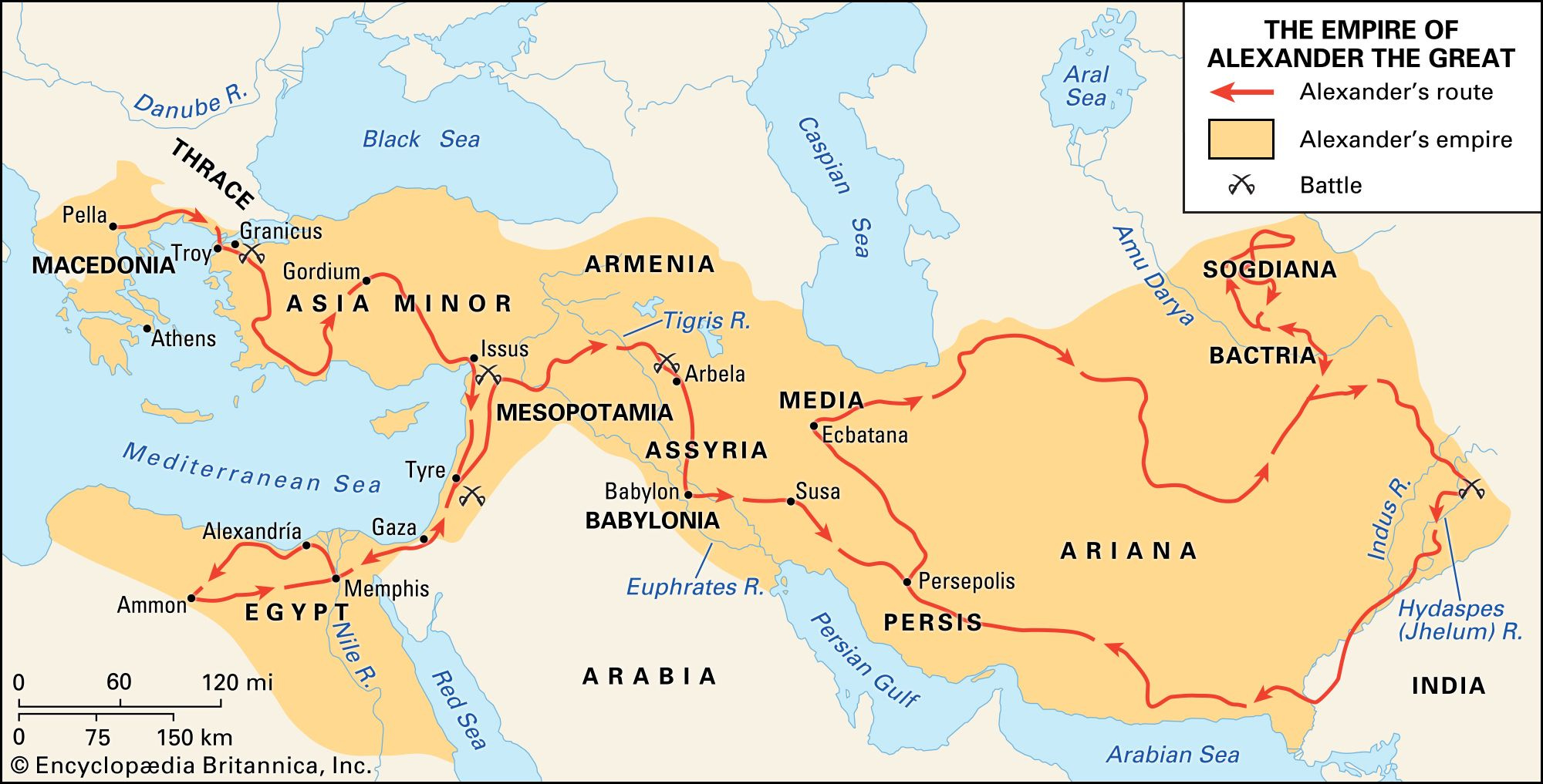 Map of Alexander the Great's empire, from Macedonia/Greece down to Egypt, and basically over to part of India