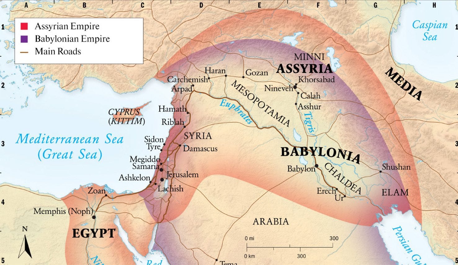 Map showing the Middle East and Mediterranean that shows the territory associated with the Assyrian and Babylonian Empires