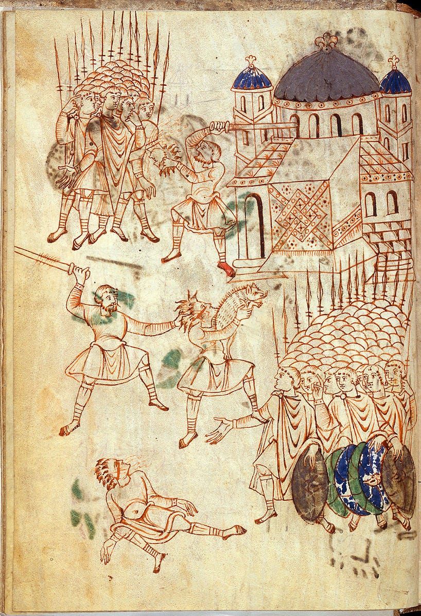 Image of soldiers and a guy holding a pig and another guy holding a sword over his head. messy, the whole thing.