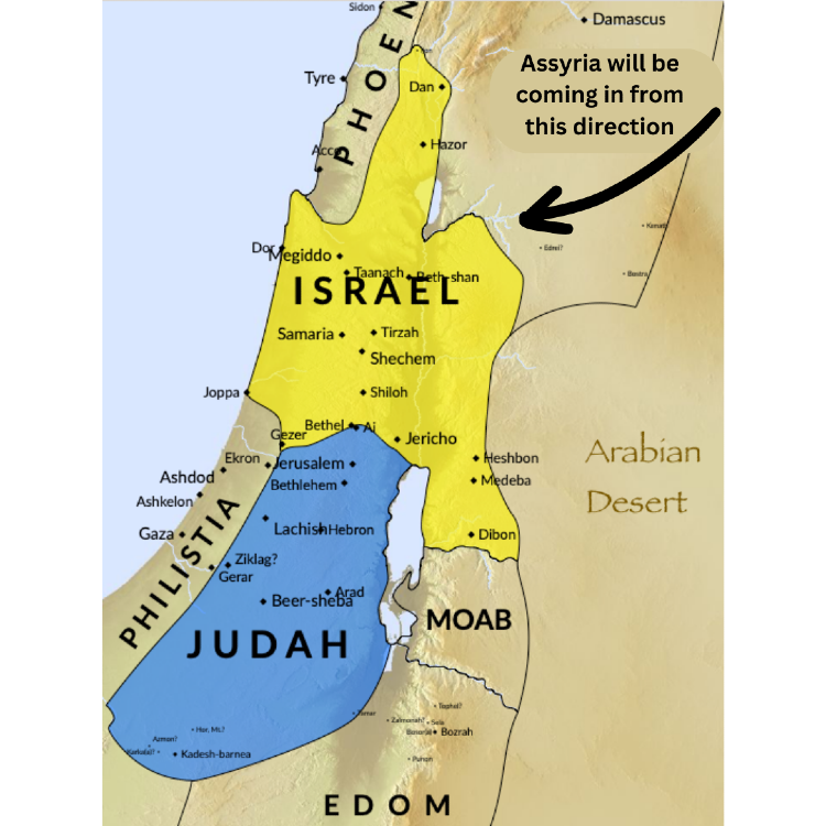 Map of Judah and Israel, Judah in the South and Israel in the North