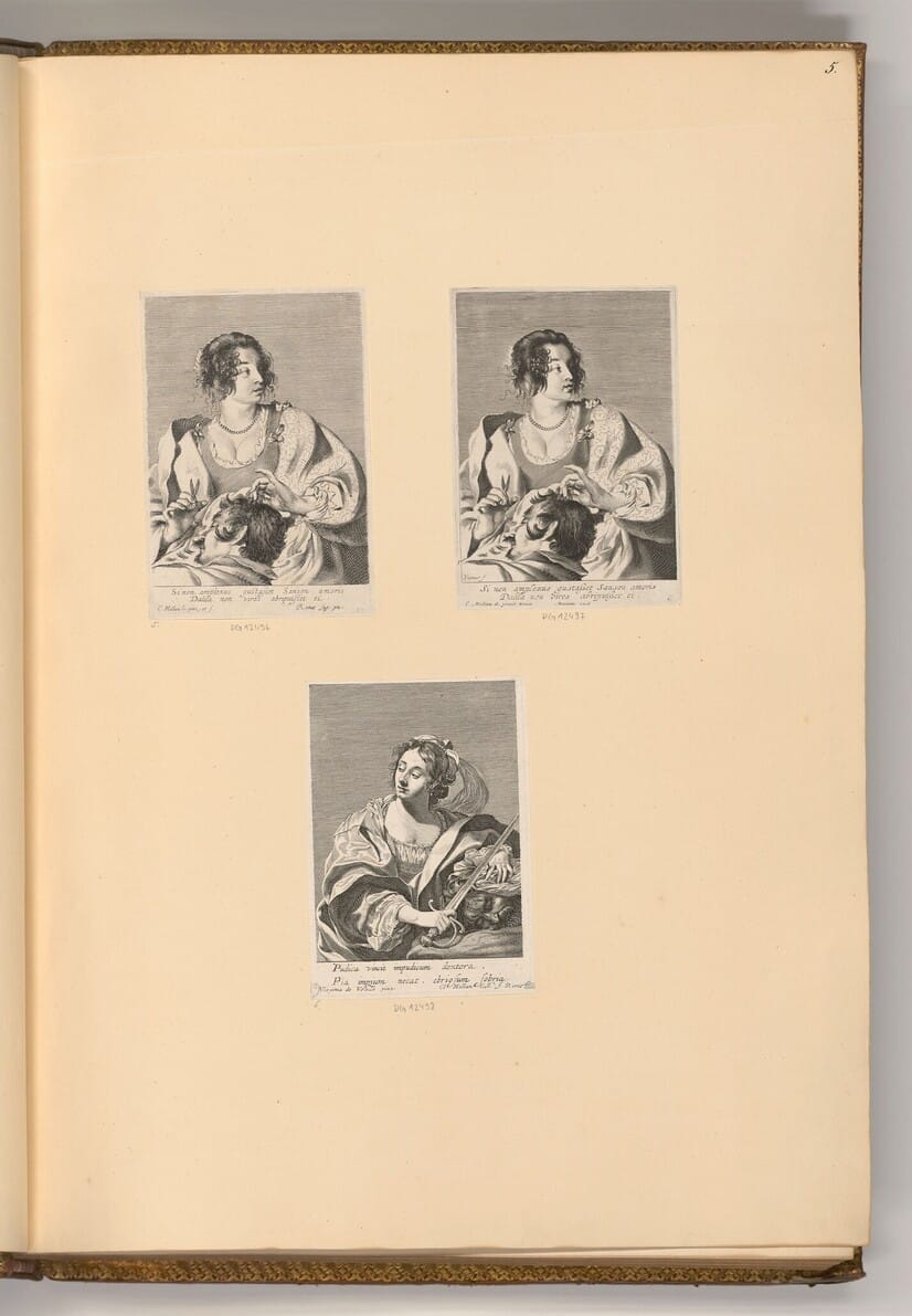 A book with three images pasted in-- two identical ones of Delilah on top, and one of Judith and Holofernes on the bottom. The similarities of "heads in lap, woman with cutting implement" are brought to the surface visually on purpose. 