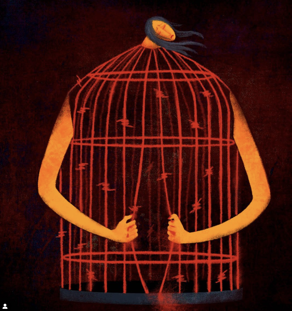 Image of a femme person with yellow skin, a look of woe, and a birdcage barbed wire body, being yanked open, bleeding at the hands...