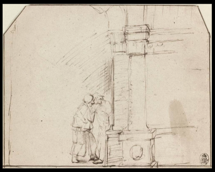 sketch of two people kissing by columns