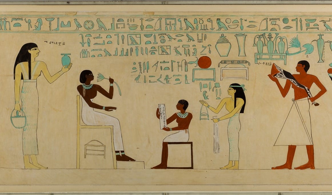 Detail of Egyptian painting of Black queen sitting and people of various shades serving her