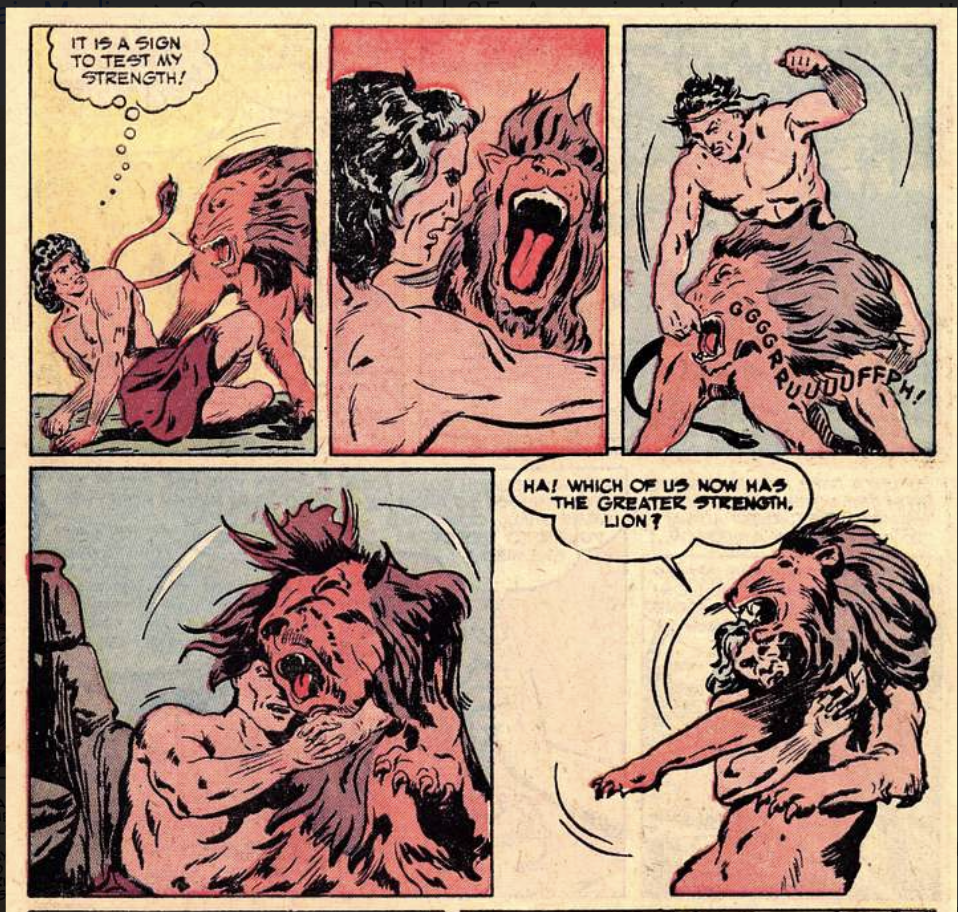 Old fashioned cartoon of Samson killing the lion. "it is a sign to test my strength!" (wrestles) "Ha! Which of us now has the greater strength, lion?"