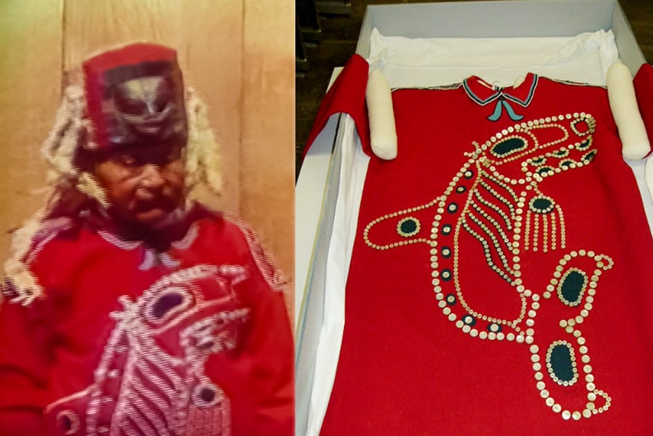 Charlie Jones, Chief Shakes VII, wearing the red Kéet Kudàs, or Killer Whale shirt