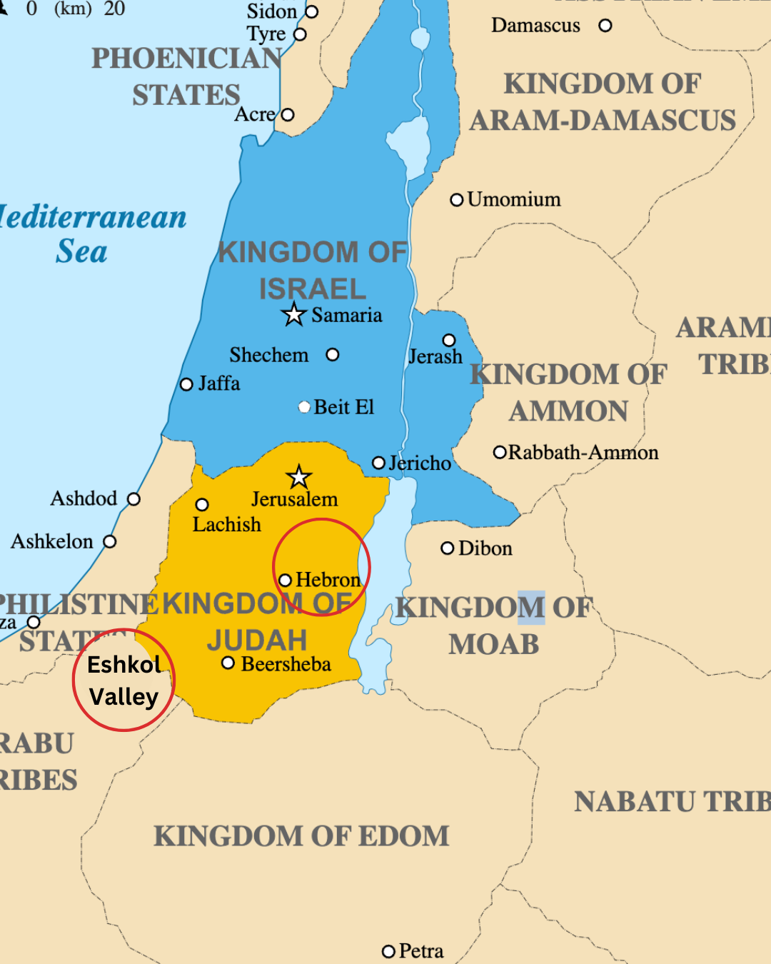 Ancient near east map, marked with Eshkol Valley and Hebron circled.