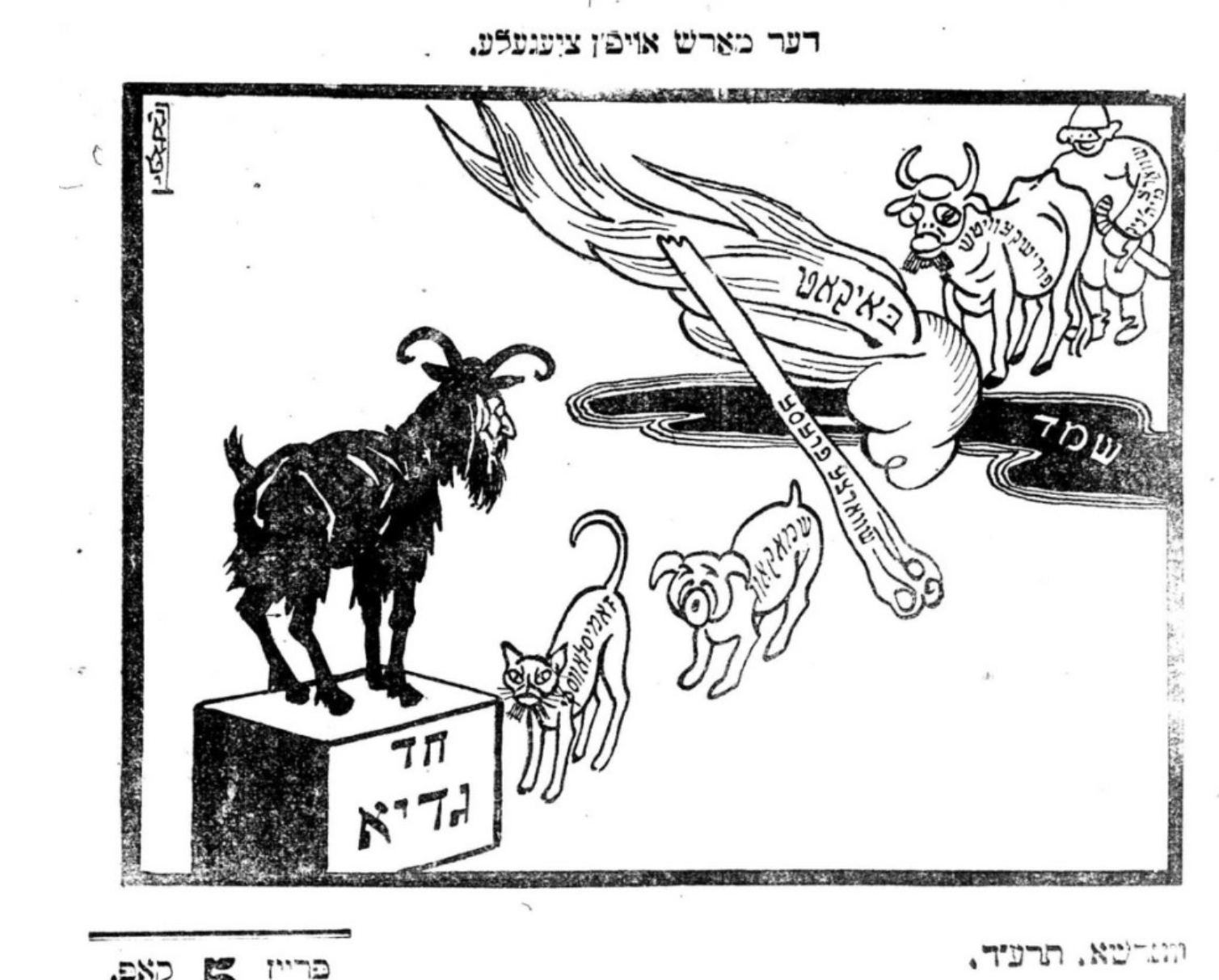 A bunch of animals and images lined up to the goat with things written on them, editorial cartoon style