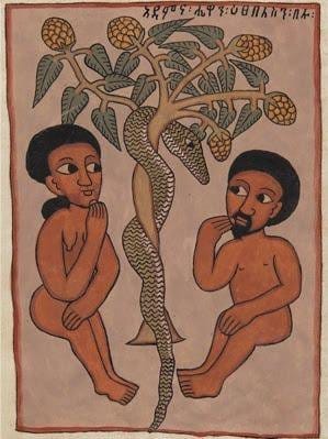 Adam and Eve and the Snake from an Ethiopian mss, with grape-like fruit on a tree