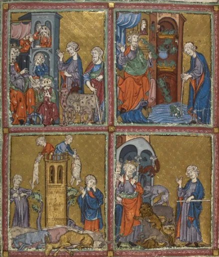 illuminated manuscript depicting four of the plagues