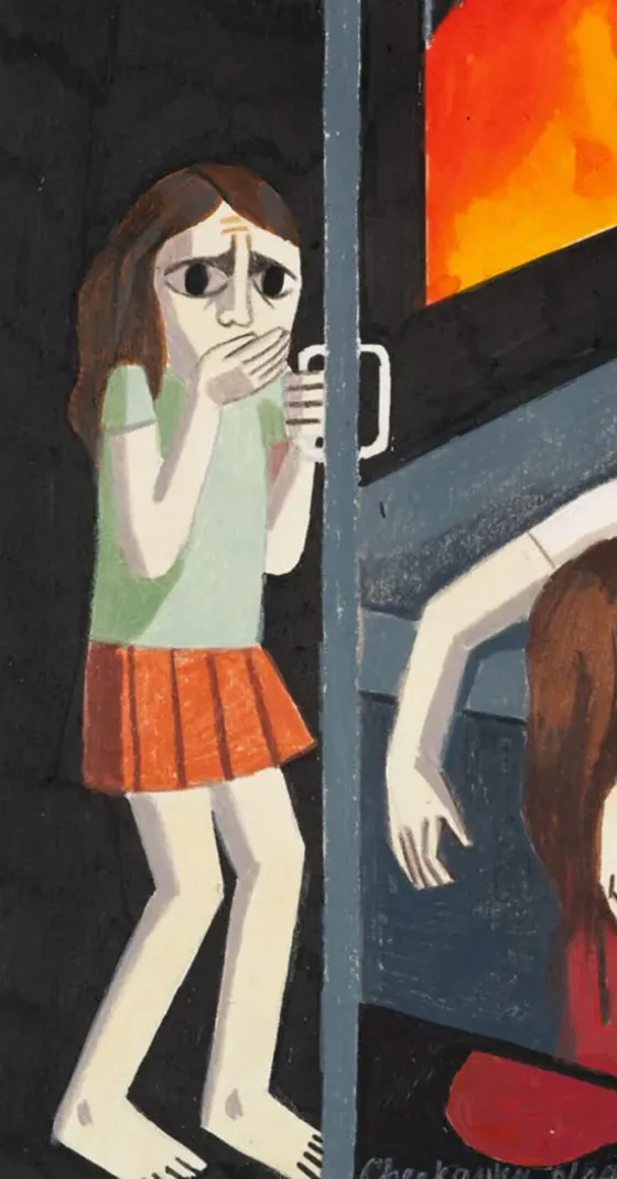 Expressionist-style painting of a person looking at horror at someone killed, house on fire