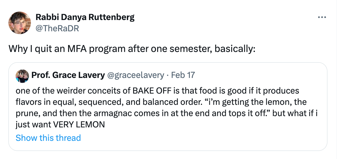 Me replying to Grace's tweet, above, with "Why I quit an MFA program after one semester, basically"