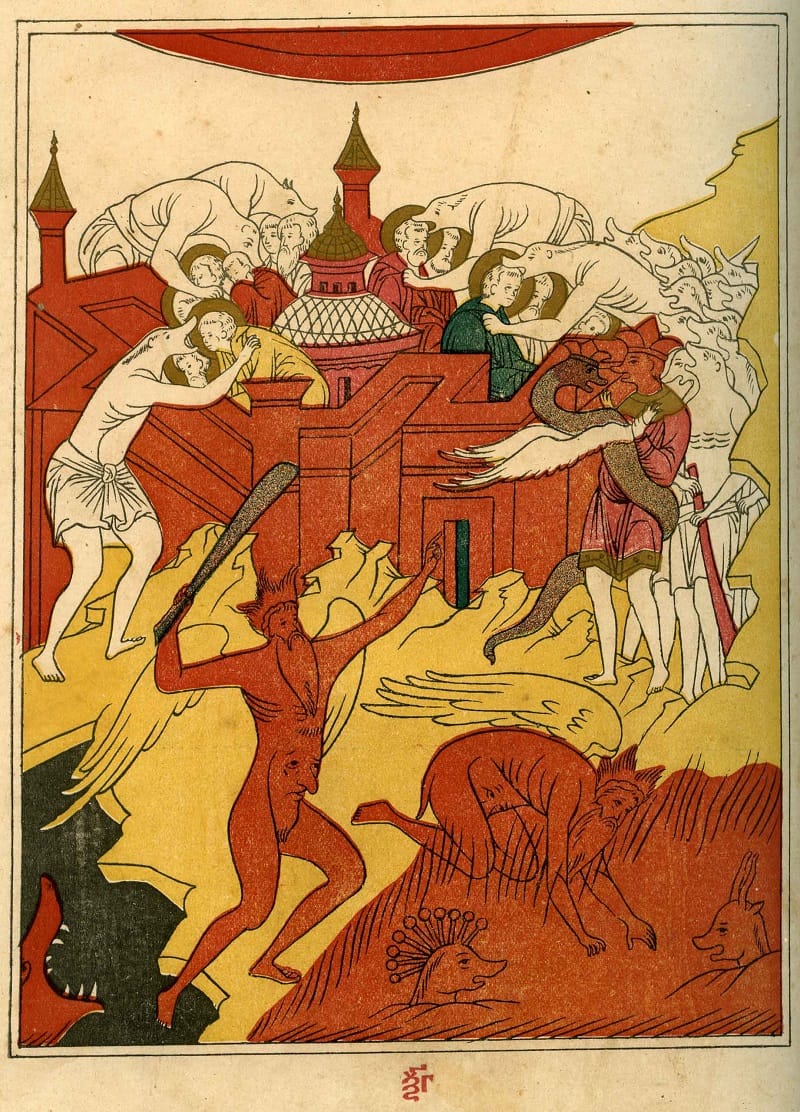 Creepy animals and demon people eat people with haloes on their heads