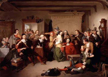 17th c. people looking at, pointing at the central figure in the painting, a woman whose back is bare, hair down