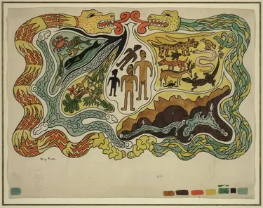 Human beings surrounded by primordial snakes and with beasts and sea creatures and plants in the middle 