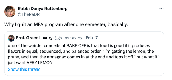 Me replying to Grace's tweet, above, with "Why I quit an MFA program after one semester, basically"