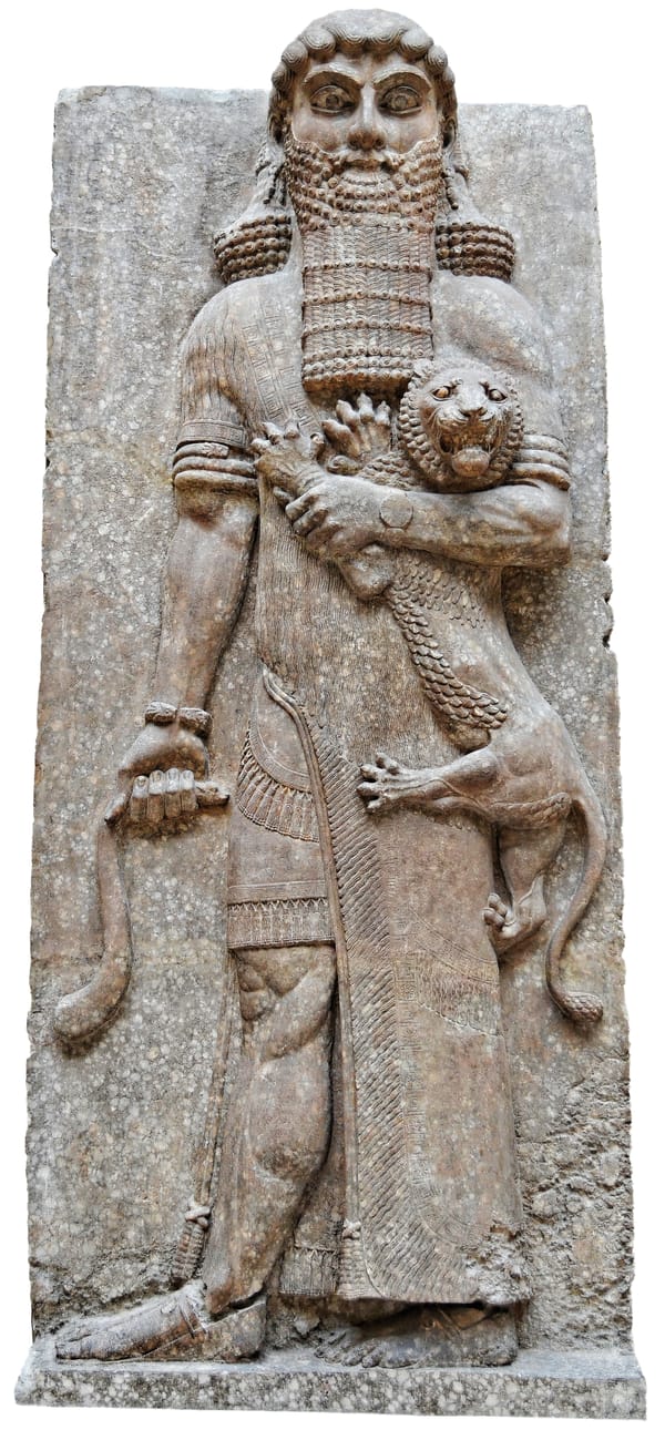 Image of Gilgamesh looking giant and muscled and a lion in his arms looking tiny and scared