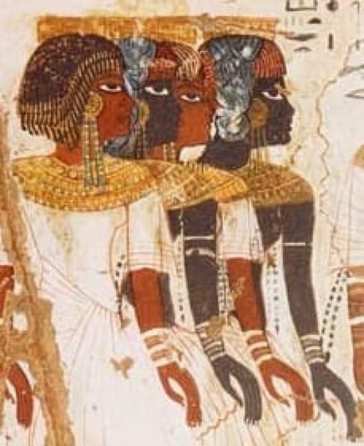 Illustration of beautiful women with dark Black and lighter Black/Brown skin tones with ancient Egyptian-like styling