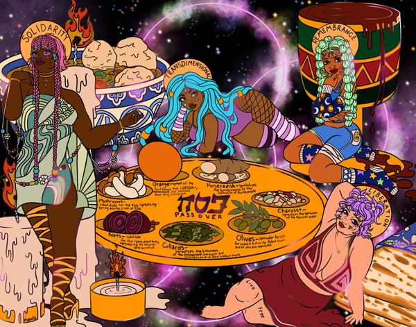 Four femme presenting people lying around a gigantic seder plate with a galactic background. 