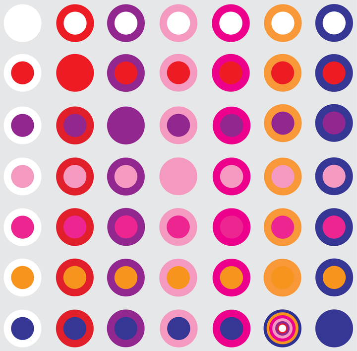 circles of seven colors, many with rings of some of the other colors and centers of the other other colors