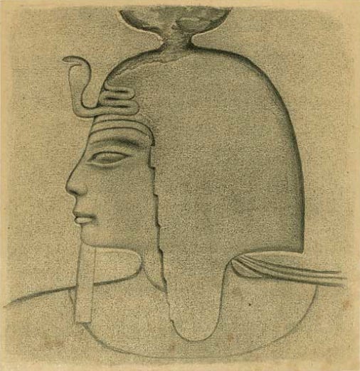 Drawing of a pharaoh, in profile, wearing a headdress with a snake on it, looking somber or fierce, hard to tell.